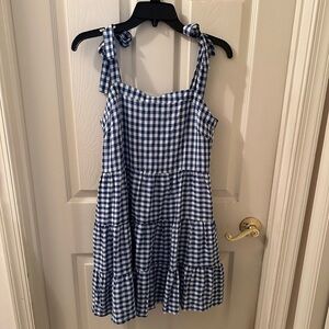 NWOT Pink Lily Navy Tie Sleeve Gingham Mini Dress. Size Small
